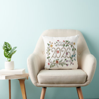 Botanical 2026 Typography with Flowering Vines  Cushion