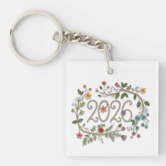 Botanical 2026 Typography with Flowering Vines  Key Ring