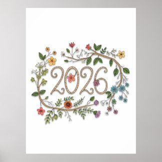 Botanical 2026 Typography with Flowering Vines  Poster