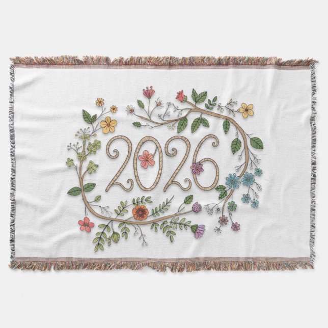 Botanical 2026 Typography with Flowering Vines  Throw Blanket (Front)