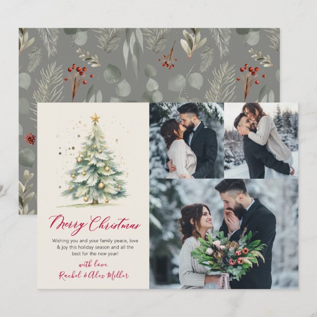 Botanical 3 Couple Photo Christmas Tree  Holiday Card (Front/Back)
