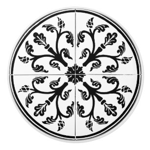 Botanical Abstract Circle Vintage Black and White Ceramic Knob