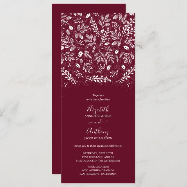 Botanical All In One Burgundy Wedding Invitation (Front/Back)