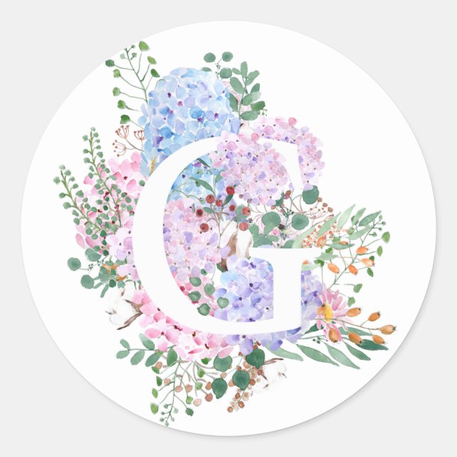 Botanical alphabet G hydrangea flowers  Classic Round Sticker (Front)