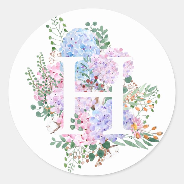 Botanical alphabet H hydrangea flowers  Classic Round Sticker (Front)