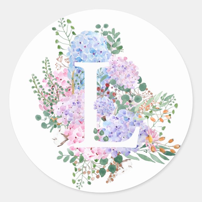 Botanical alphabet L hydrangea flowers  Classic Round Sticker (Front)