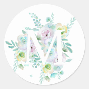 Botanical alphabet M green and purple flowers Classic Round Sticker