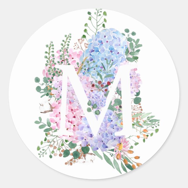 Botanical alphabet M hydrangea flowers  Classic Round Sticker (Front)