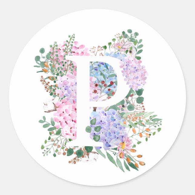 Botanical alphabet P hydrangea flowers  Classic Round Sticker (Front)