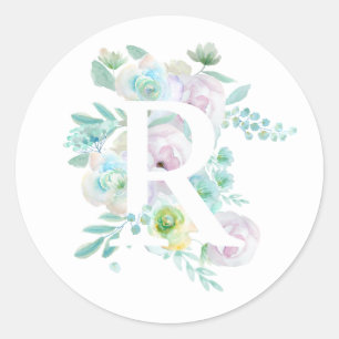 Botanical alphabet R green and purple flowers Classic Round Sticker