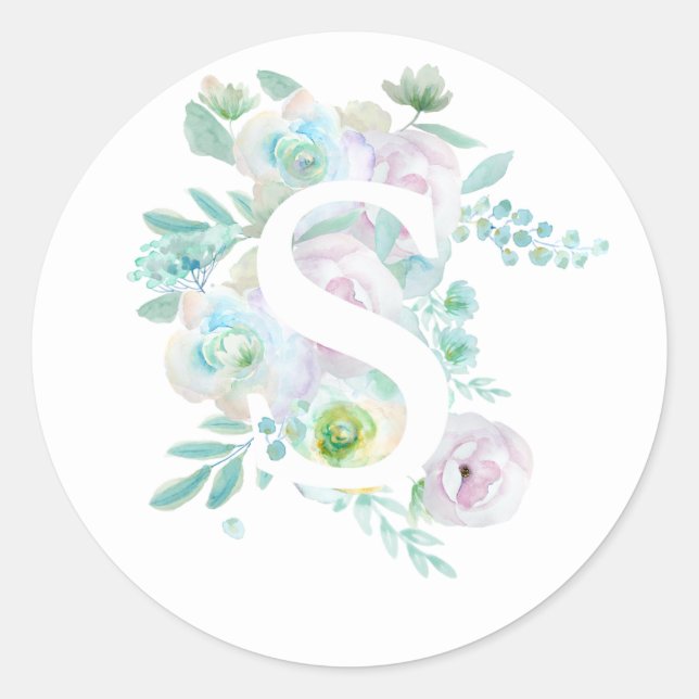 Botanical alphabet S green and purple flowers  Classic Round Sticker (Front)