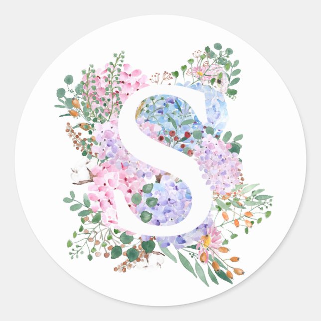 Botanical alphabet S hydrangea flowers  Classic Round Sticker (Front)