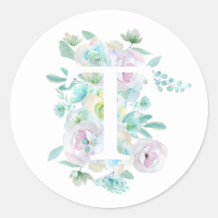 Botanical alphabet T green and purple flowers Classic Round Sticker