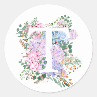Botanical alphabet T hydrangea flowers  Classic Round Sticker