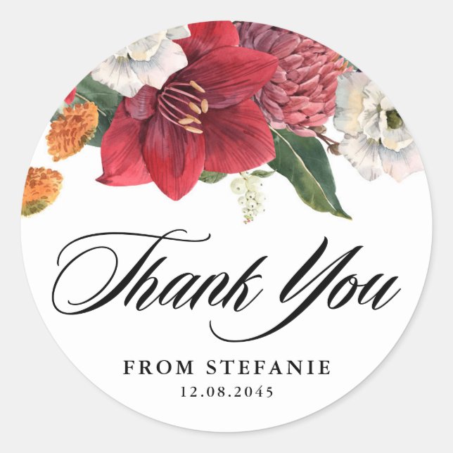 Botanical Amaryllis and Mums Birthday Thank You Classic Round Sticker (Front)