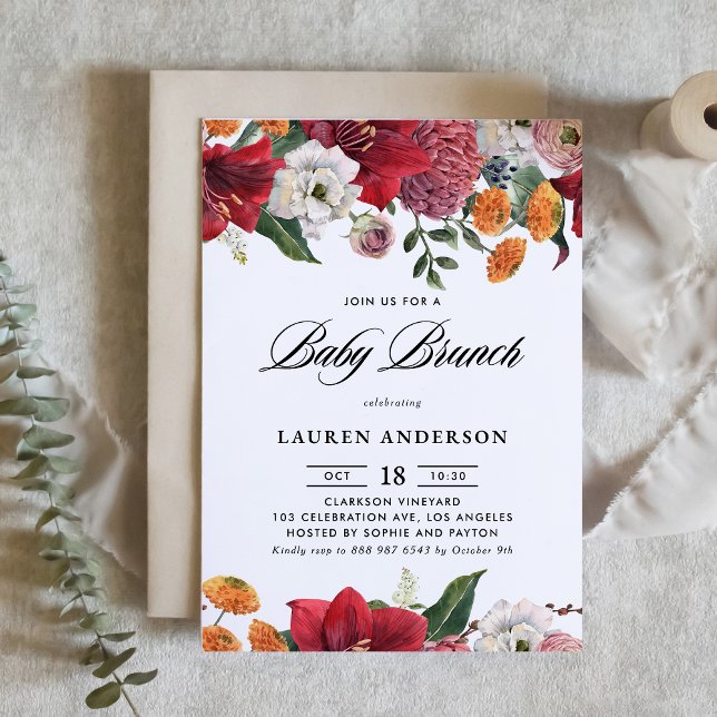Botanical Amaryllis and Mums Floral Baby Brunch Invitation (Creator Uploaded)