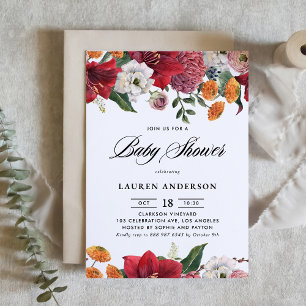 Botanical Amaryllis and Mums Floral Baby Shower Invitation