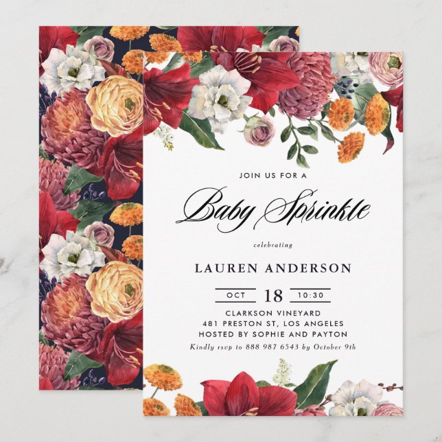 Botanical Amaryllis and Mums Floral Baby Sprinkle Invitation (Front/Back)