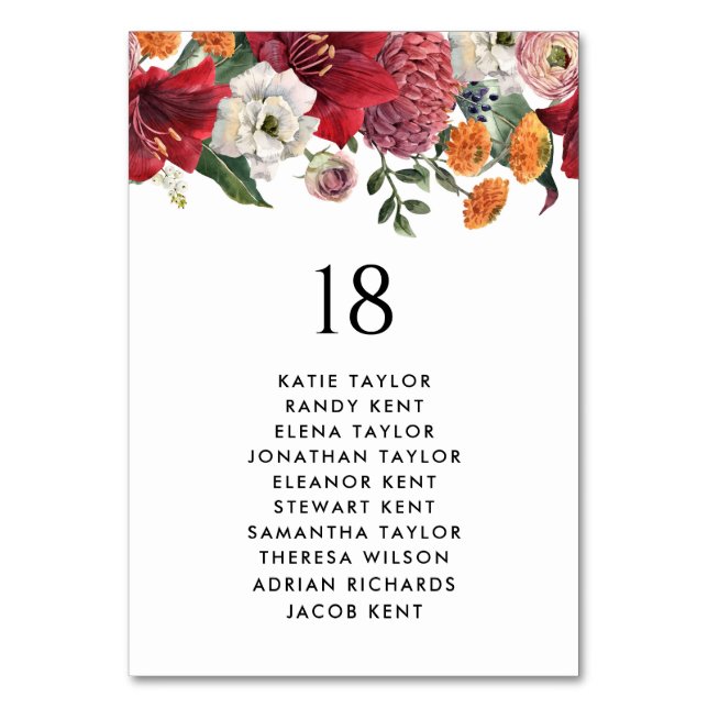 Botanical Amaryllis and Mums Wedding Table Seating Number (Front)