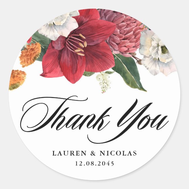 Botanical Amaryllis and Mums Wedding Thank You Classic Round Sticker (Front)