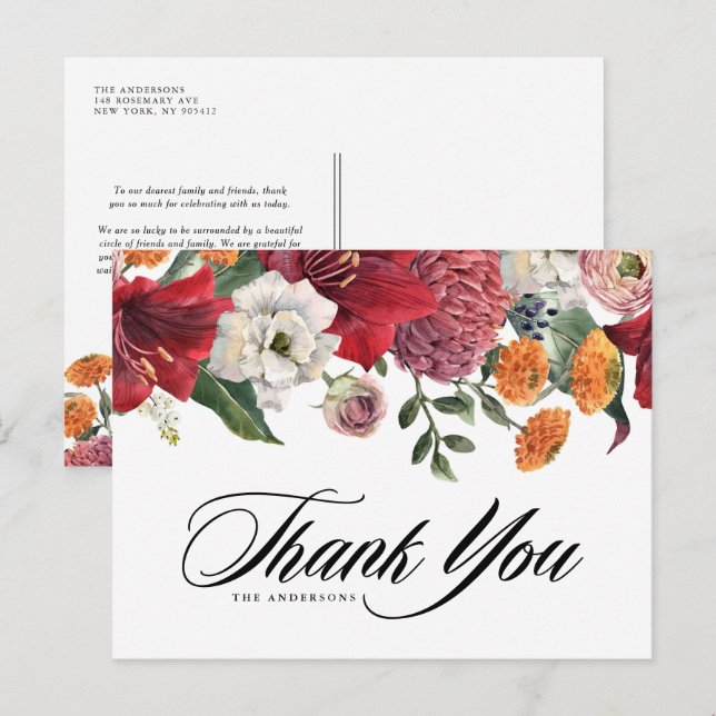Botanical Amaryllis and Mums Wedding Thank You Postcard (Front/Back)