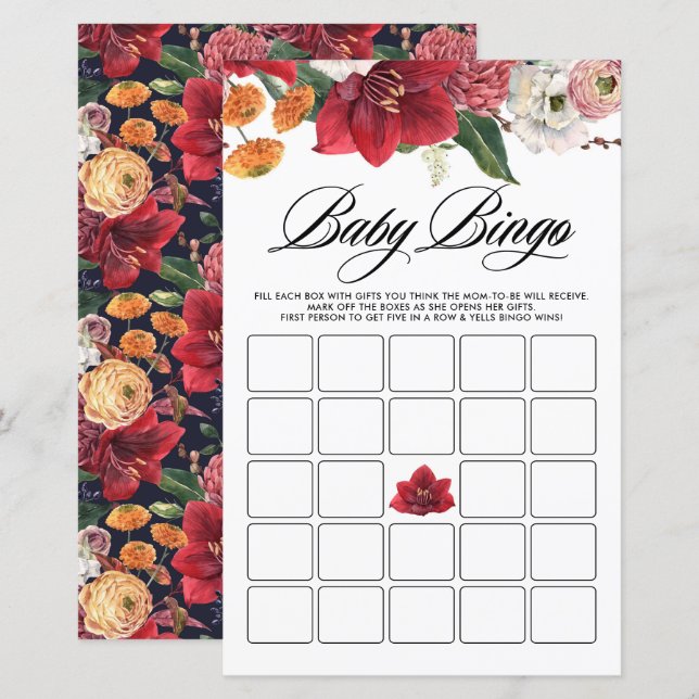 Botanical Amaryllis Baby Shower Bingo Game Card (Front/Back)