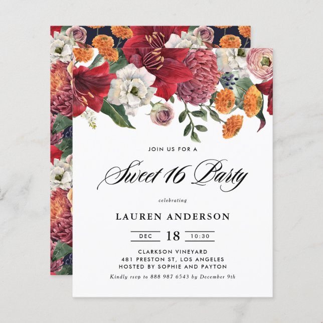 Botanical Amaryllis Sweet 16 Party Invitation (Front/Back)