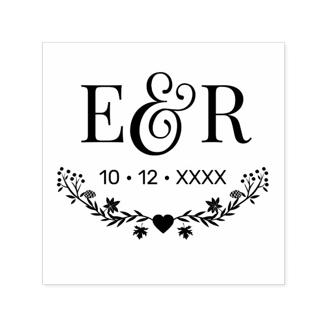Botanical Ampersand Couple 2 Initial Monogram Date Self-inking Stamp (Design)