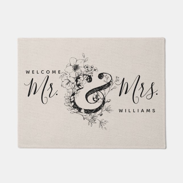 Botanical Ampersand Newlywed Mr. & Mrs. Linen Name Doormat (Front)