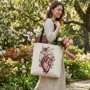 Botanical Anatomical Heart - Vintage Floral Design Tote Bag