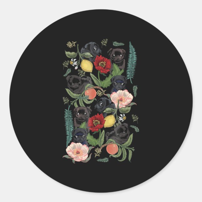 botanical and black pug t-  by huebucket classic round sticker (Front)