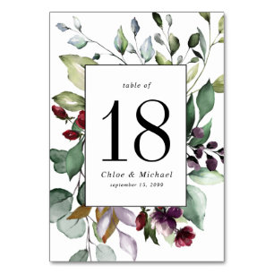 Botanical and Red Watercolor Flowers Personalised Table Number