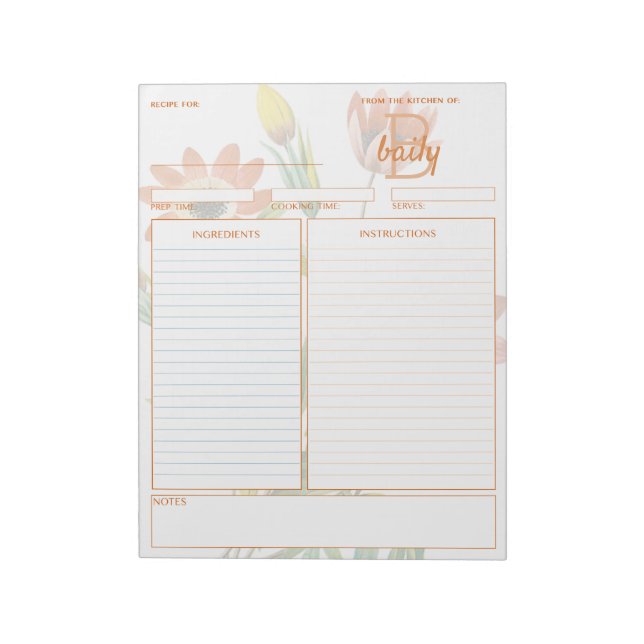 Botanical Anemone Customisable Recipe Notepad (Rotated)