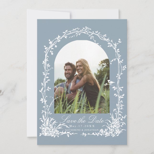 Botanical Arch Garden Dusty Blue Wedding Photo Save The Date (Front)