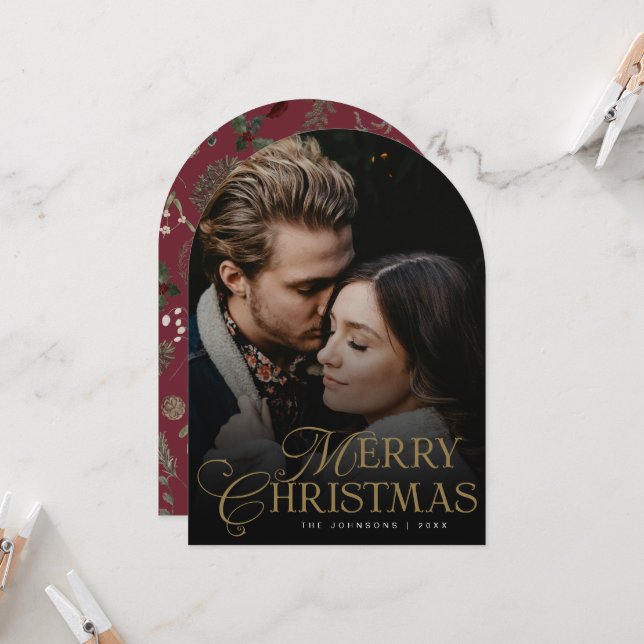 Botanical Arch Photo Red Christmas Holiday Card (Front/Back In Situ)