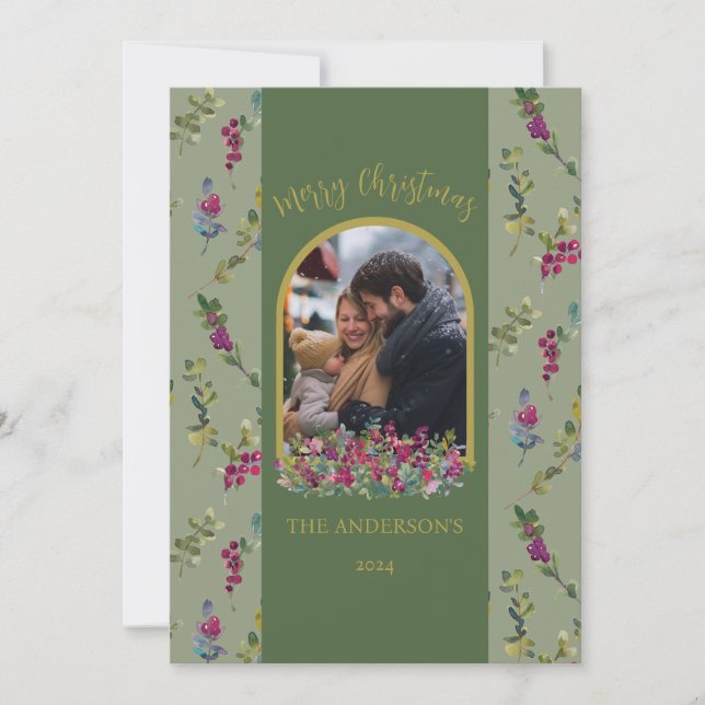 Botanical Arch Watercolor Berries Christmas Card (Front)