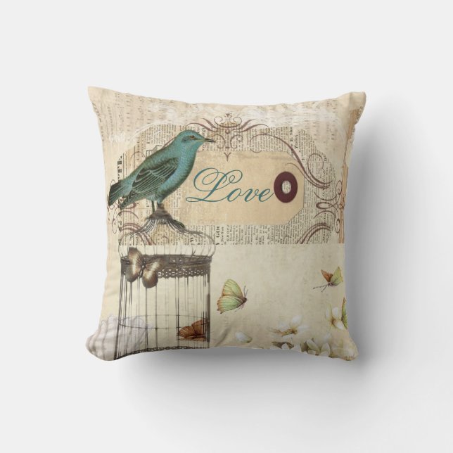 botanical art birdcage modern vintage french bird cushion (Front)
