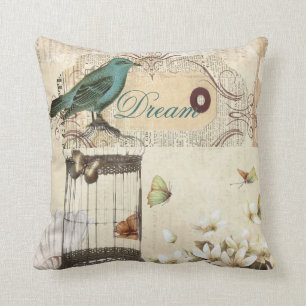 botanical art birdcage modern vintage french bird cushion