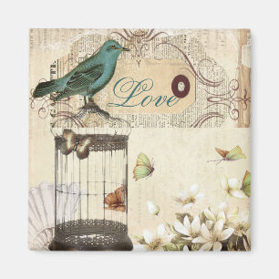 botanical art birdcage modern vintage french bird magnet