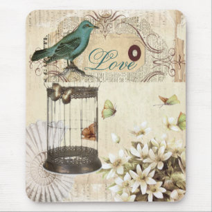botanical art birdcage modern vintage french bird mouse mat