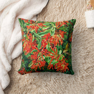 Botanical art: Burning Bush and Emu Wren of Chile Cushion