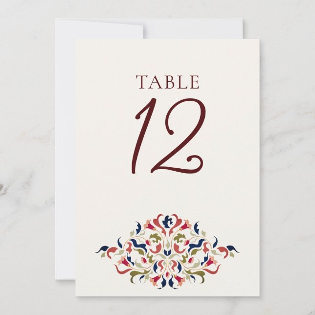 Botanical Art Floral Paisley Wedding Table Number (Front)