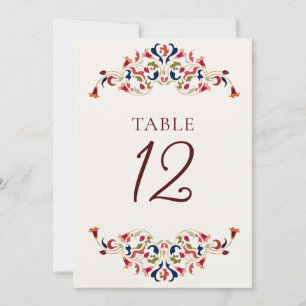 Botanical Art Floral Paisley Wedding Table Number