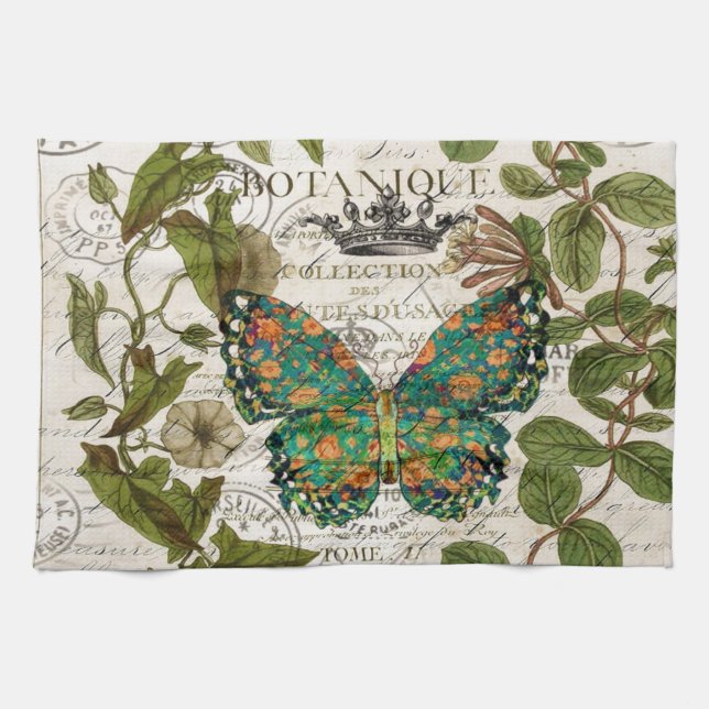 botanical art french country script leaf butterfly tea towel (Horizontal)