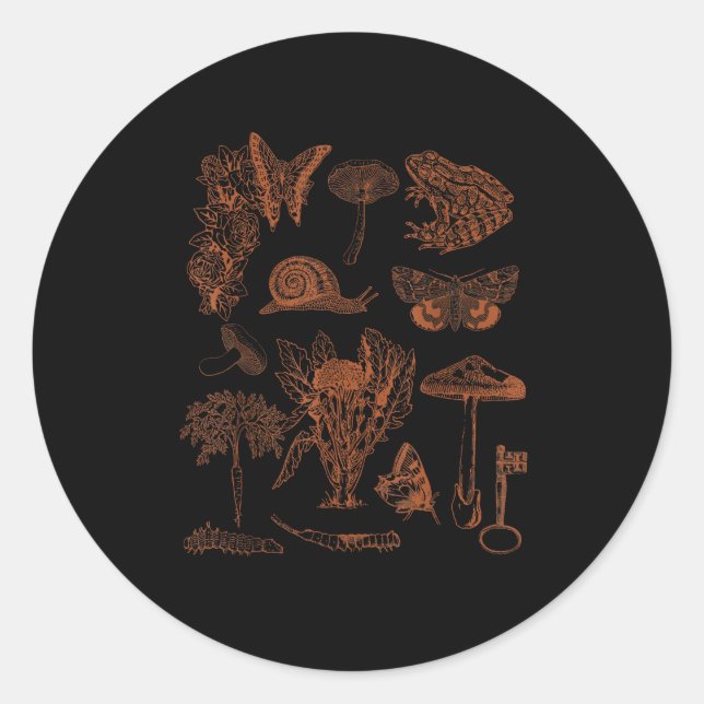 Botanical Art, Frog Fungi Goblincore Aesthetic Cot Classic Round Sticker (Front)