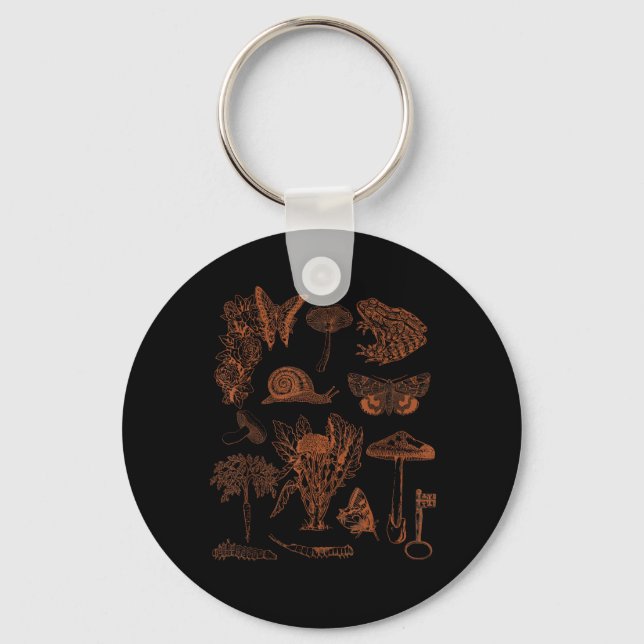 Botanical Art, Frog Fungi Goblincore Aesthetic Cot Key Ring (Front)