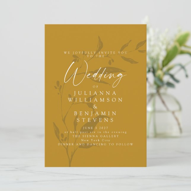 Botanical Artwork Mustard Yellow Boho Wedding Invitation (Standing Front)
