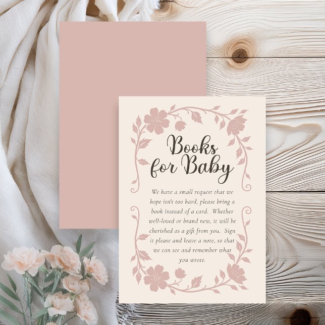 Botanical Baby Shower Book Request Card Blush (Elegant botanical baby shower book request card with soft blush floral design on neutral background )
