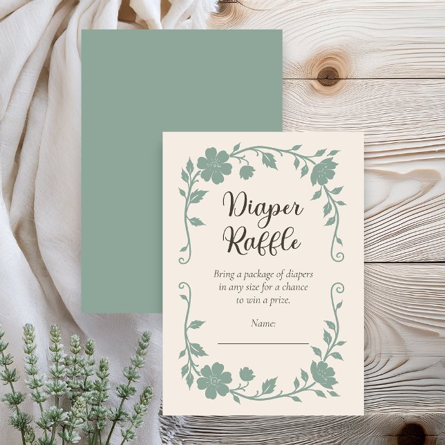 Botanical Baby Shower Diaper Raffle Sage Enclosure Card (Elegant botanical baby shower diaper raffle insert with sage green floral design on neutral )