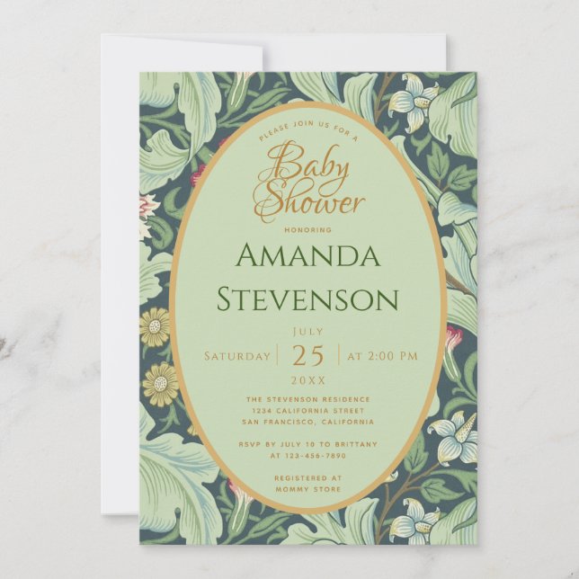 Botanical Baby Shower Gold Green Leaves Leicester Invitation (Front)